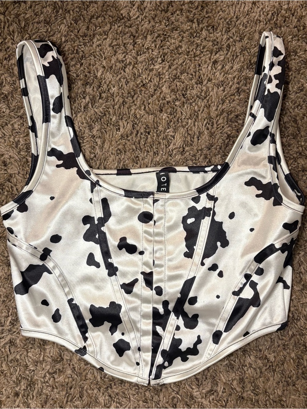 Motel Rocks Black & White Cowprint Satin Corset Tank